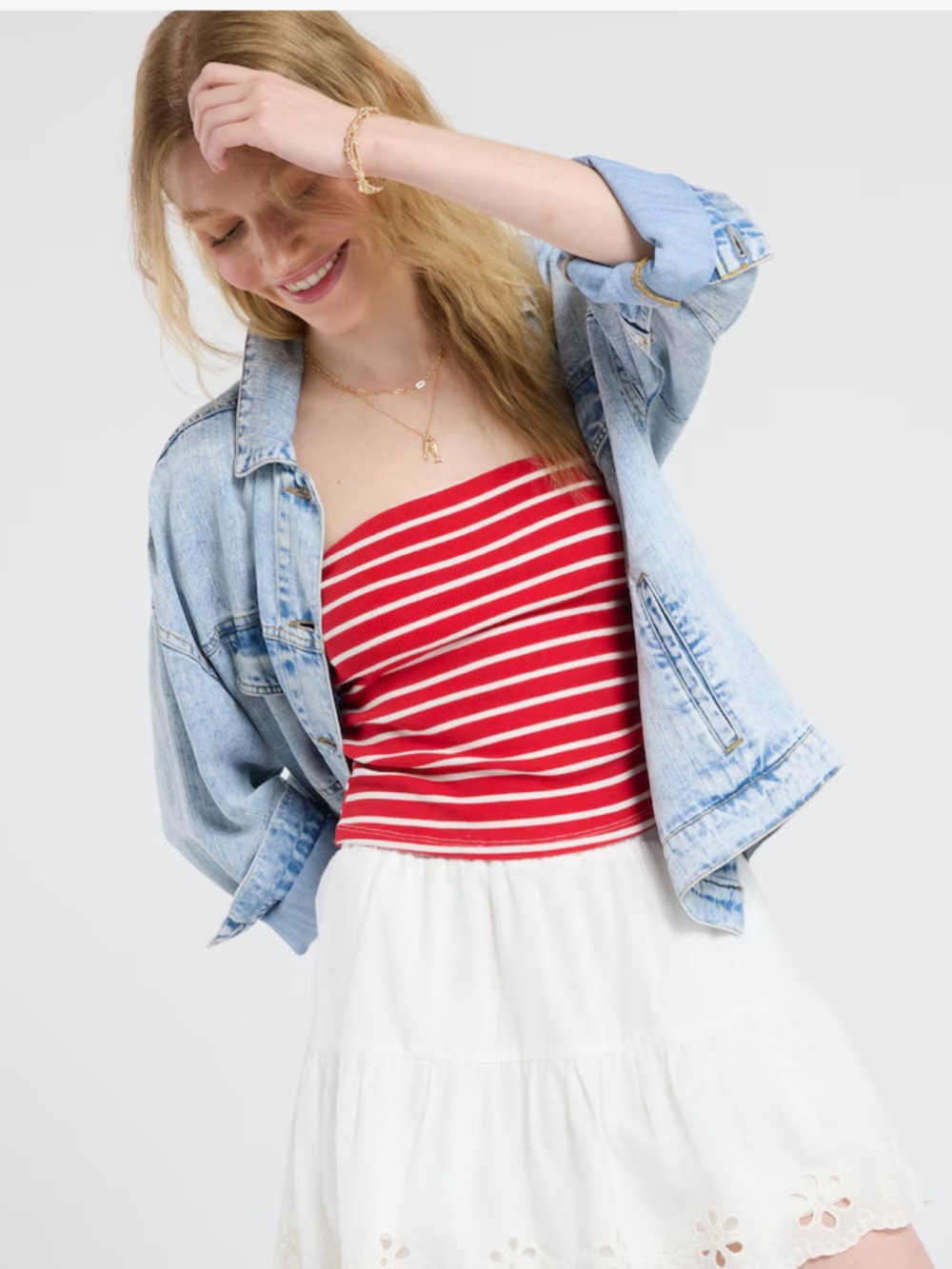 Red White Stripe Tube Top Ruched Large New